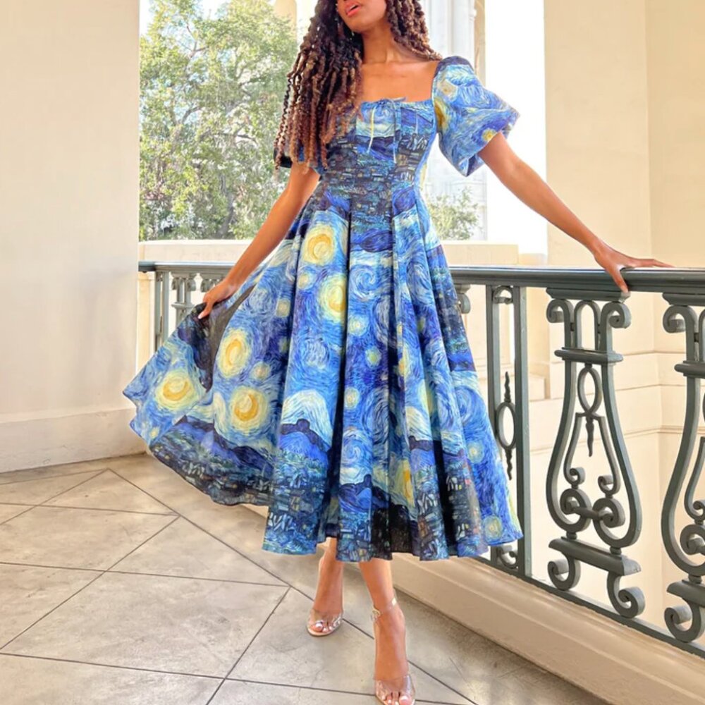 BEST Selkie The Starry Night Day Midi Dress Navy Van Gogh Masterpiece Medium - Picture 4 of 14